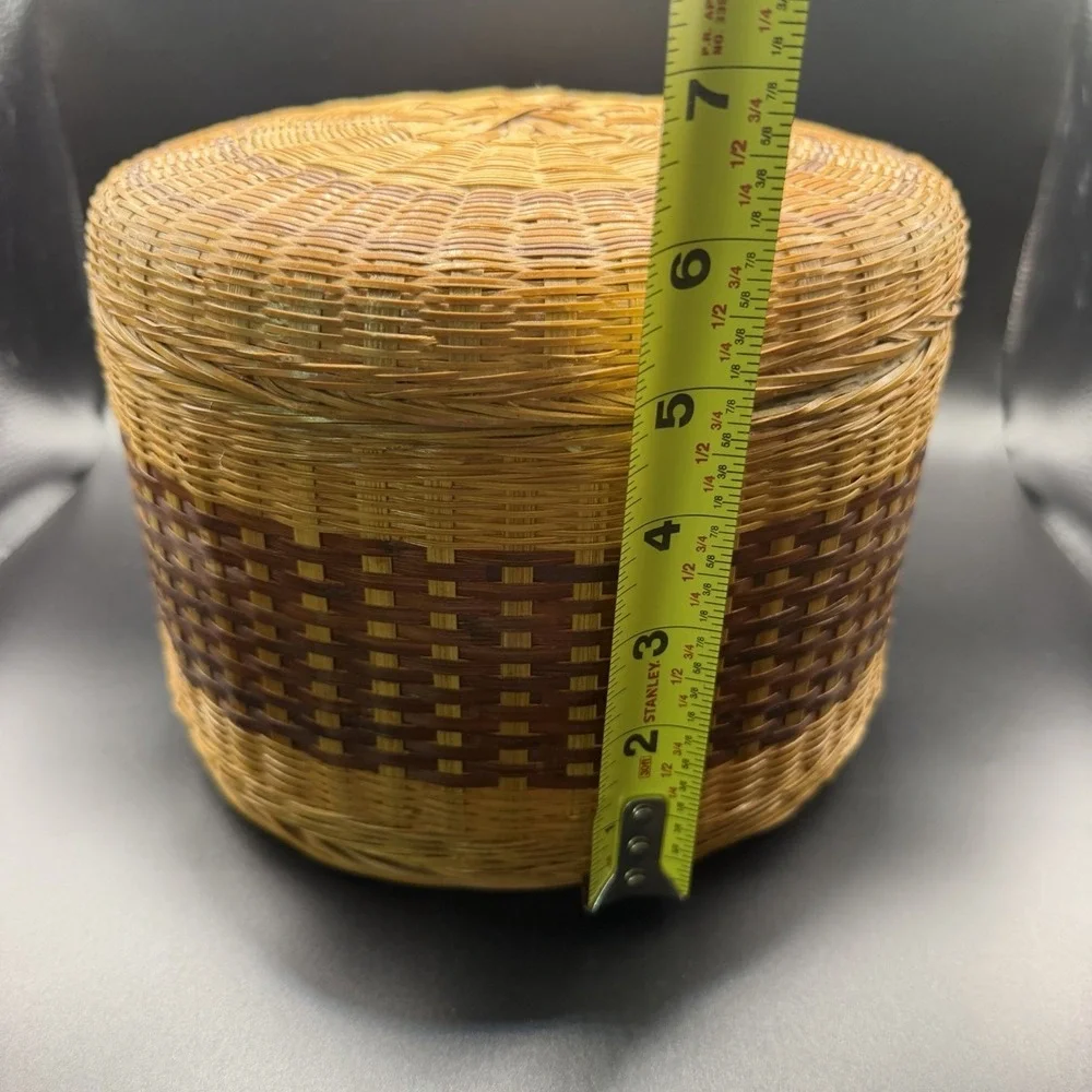 Vintage Tightly Woven Lidded Round Basket, Storage, Sewing Notions, Container
